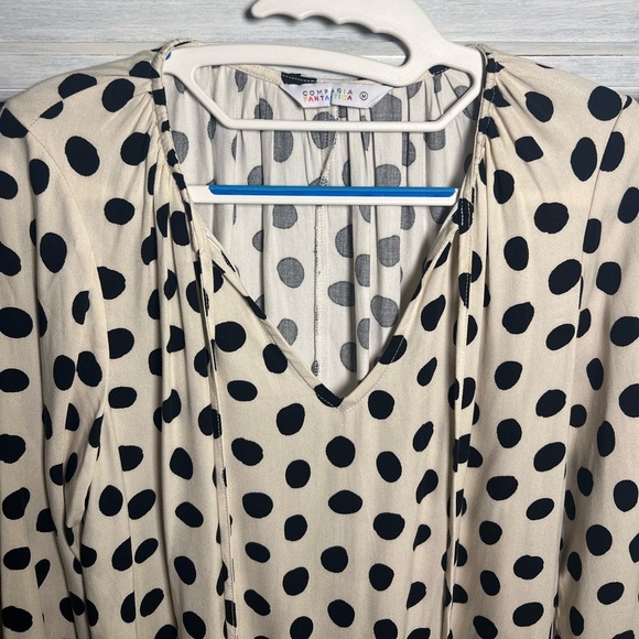 Boutique Fantastica Cream Serval Print Polka Dot Tie Neck Swing Mini Dress - Picture 6 of 9